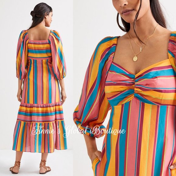 RARE NWT ANTHROPOLOGIE FARM RIO Rainbow Striped Flounced Midi Dress. Size L - Picture 16 of 16